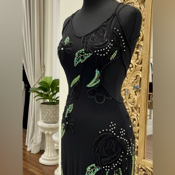Elegant hand, beaded Black and Green floral with rhinestone Maxi Dress - Picture 8 of 10